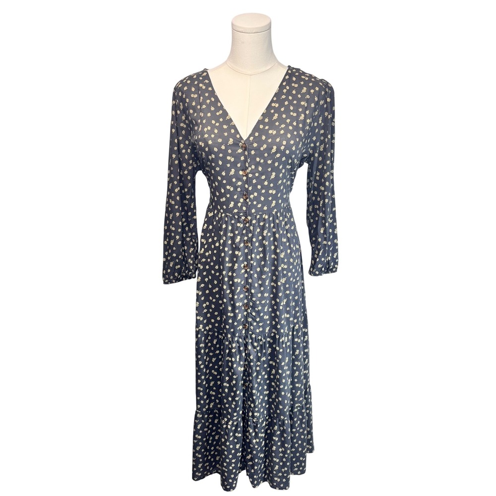 Prairie Cottagecore Sonoma Dress Blue Gray Floral Button Front Tiered Midi Sz M